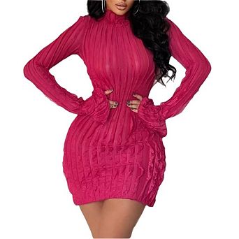 Womens Cable Knit Sweater Dress Long Sleeve Crew Neck Bodycon Mini Dresses
