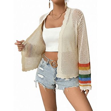 Women's Boho Floral Crochet Cardigan Hollow Out Open Front Long Sleeve Cardigan Sweater
