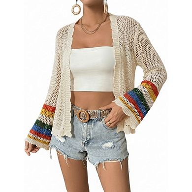 Women's Boho Floral Crochet Cardigan Hollow Out Open Front Long Sleeve Cardigan Sweater