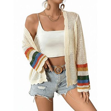 Women's Boho Floral Crochet Cardigan Hollow Out Open Front Long Sleeve Cardigan Sweater