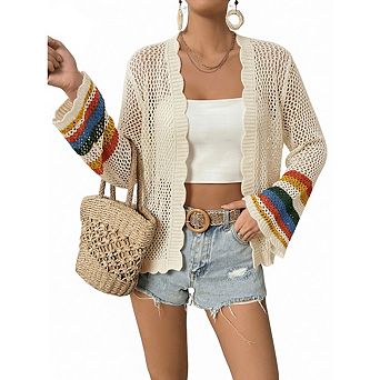 Women's Boho Floral Crochet Cardigan Hollow Out Open Front Long Sleeve Cardigan Sweater
