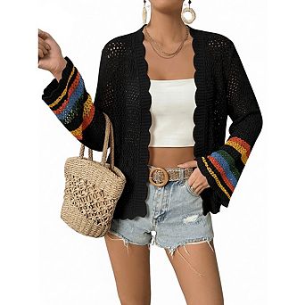 Women's Boho Floral Crochet Cardigan Hollow Out Open Front Long Sleeve Cardigan Sweater