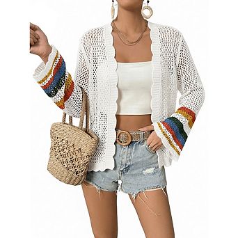 Women's Boho Floral Crochet Cardigan Hollow Out Open Front Long Sleeve Cardigan Sweater