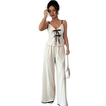 Women's Two Piece Set Babydoll Top Tie Front Deep V Neck Going Out Crop Tops And Long Pants