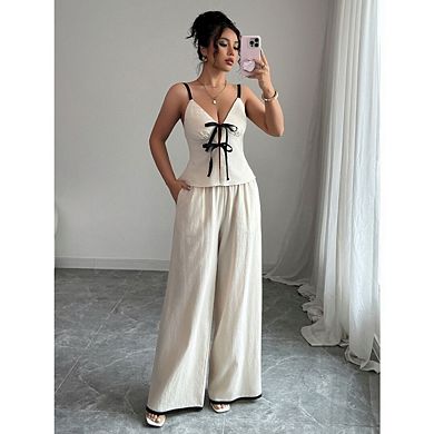 Women's Two Piece Set Babydoll Top Tie Front Deep V Neck Going Out Crop Tops And Long Pants