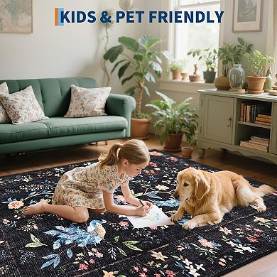 ANIXOL Peacock Floral Washable Area Rug