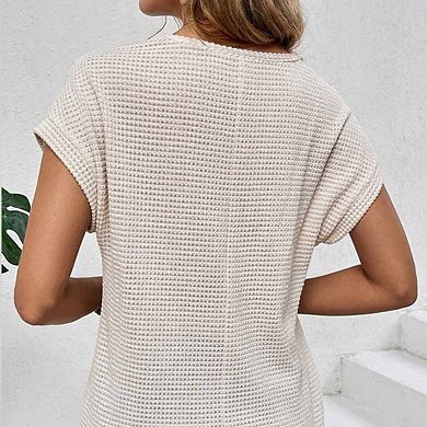 Women's Waffle Knit Lace Trim Short Sleeve Top Hollow Out Casual Tee