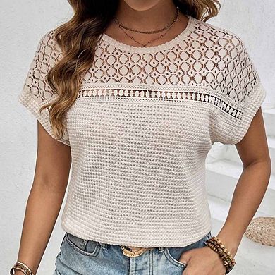 Women's Waffle Knit Lace Trim Short Sleeve Top Hollow Out Casual Tee