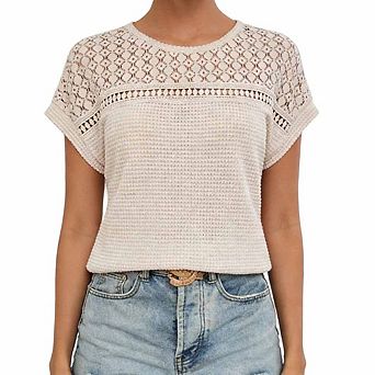 Women's Waffle Knit Lace Trim Short Sleeve Top Hollow Out Casual Tee