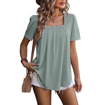 Women's Casual Square Neck Short Sleeve Flowy Loose Pleated T-Shirt Blouse