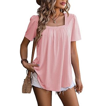 Women's Casual Square Neck Short Sleeve Flowy Loose Pleated T-Shirt Blouse