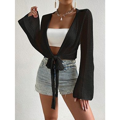 Boho Cardigans for Women Lightweight Crochet Mesh Long Sleeve Tie Front Knit Cover Up