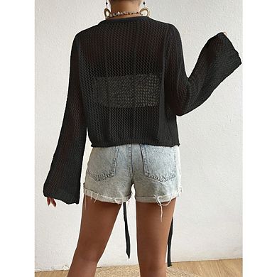 Boho Cardigans for Women Lightweight Crochet Mesh Long Sleeve Tie Front Knit Cover Up
