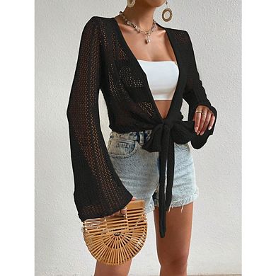 Boho Cardigans for Women Lightweight Crochet Mesh Long Sleeve Tie Front Knit Cover Up