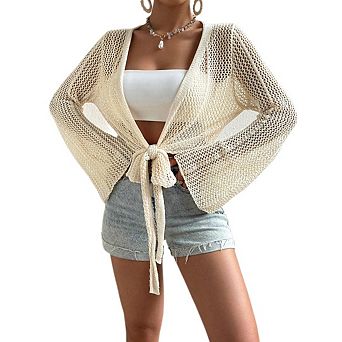 Boho Cardigans for Women Lightweight Crochet Mesh Long Sleeve Tie Front Knit Cover Up