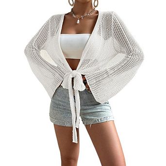 Boho Cardigans for Women Lightweight Crochet Mesh Long Sleeve Tie Front Knit Cover Up