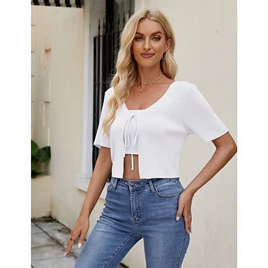 Women's V-Neck Tie Front Short Sleeve Rib Knit Shrug Sweaters Cardigan Crop Top