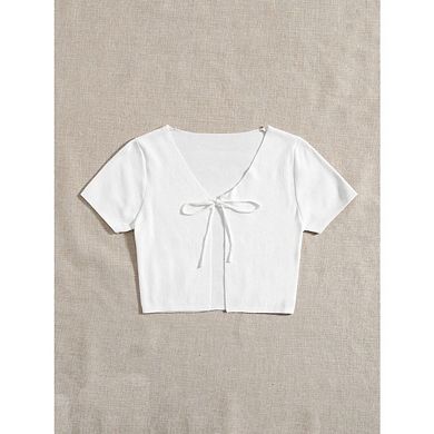 Women's V-Neck Tie Front Short Sleeve Rib Knit Shrug Sweaters Cardigan Crop Top