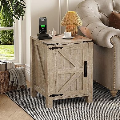 ANIXOL Rustic Barn Door Nightstand with Charging Station