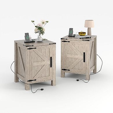 ANIXOL Rustic Barn Door Nightstand with Charging Station