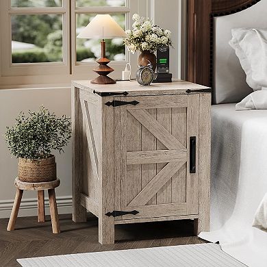 ANIXOL Rustic Barn Door Nightstand with Charging Station