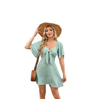 Women's Solid Color Fitted Mini Dress Irregular Hem Deep V-Neck Elegant Bow Dress