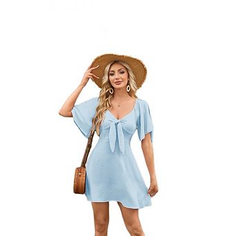 Women's Solid Color Fitted Mini Dress Irregular Hem Deep V-Neck Elegant Bow Dress