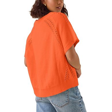 Women Casual Knit Crochet Top Short Sleeve Crew Neck Loose Fit Pullover Sweater Knitted Blouse