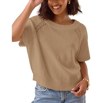 Women Casual Knit Crochet Top Short Sleeve Crew Neck Loose Fit Pullover Sweater Knitted Blouse