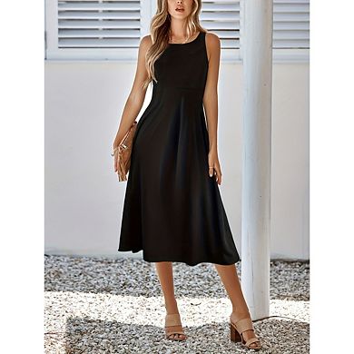 Womens Casual Sleeveless Tank Midi Dress Solid Colour Aline Stretch Tank Flowy Long Dresses