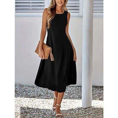 Womens Casual Sleeveless Tank Midi Dress Solid Colour Aline Stretch Tank Flowy Long Dresses