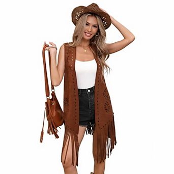 Women's Retro Fringe Vest Faux Suede Western Vest Casual Blouse Shirt Jacket