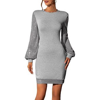 Women Shiny Sequined Patchwork O-Neck Long Sleeves Knitting Package Hip Dresses Party Vestido