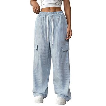 Women Striped Barrel Drawstring Casual Baggy Y2K Streetwear Parachute Pants with Pockets