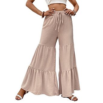 Women's Flowy Boho Elastic High Waist Ruffle Hem Wide Leg Beach Loose Palazzo Pants