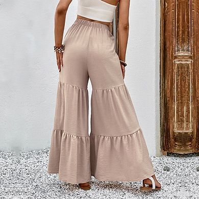 Women's Flowy Boho Elastic High Waist Ruffle Hem Wide Leg Beach Loose Palazzo Pants