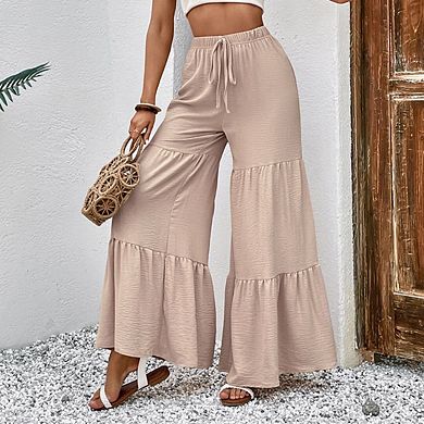 Women's Flowy Boho Elastic High Waist Ruffle Hem Wide Leg Beach Loose Palazzo Pants