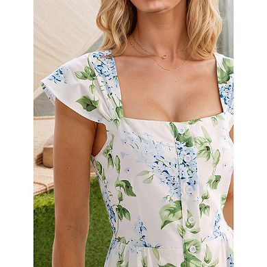 Women's White Blue Floral Print Square Short Dress Neck Ruffle Short Sleeve Button Front Mini Dress