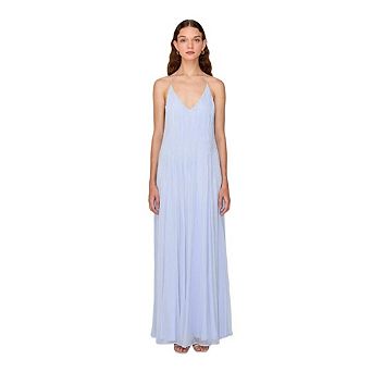 Women Sleeveless Spaghetti Strap V Neck Beach Vacation Long Flowy Pleated Maxi Dresss