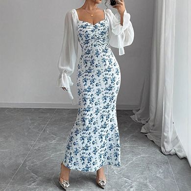 Women's Floral Print Bodycon Fishtail Ruched Lantern Long Sleeve Holiday Dresses