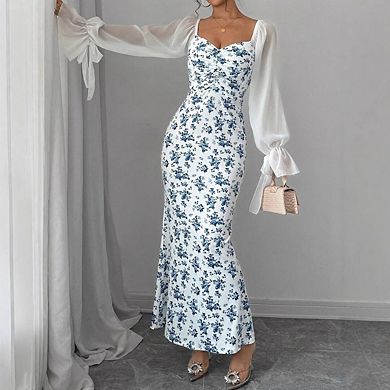 Women's Floral Print Bodycon Fishtail Ruched Lantern Long Sleeve Holiday Dresses