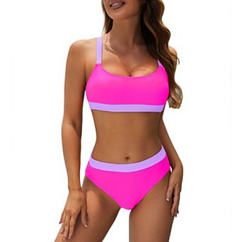 Women's Color Block Sporty High Cut Two-Piece Bikini Set Cheeky Scoop Neck Summer Casual Swimsuit