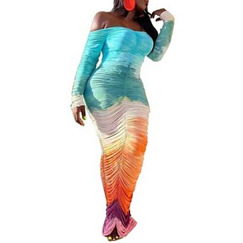 Womens Off The Shoulder Long Sleeve Ruched Bodycon Maxi Dress Gradient Dresses Multi