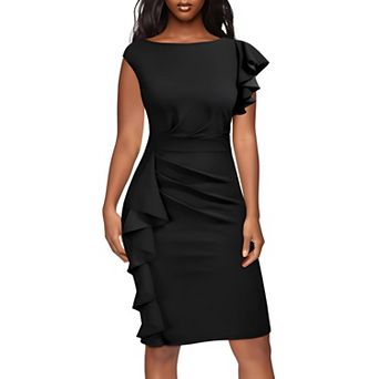 Classic Black Ruffle Sleeve Vintage Pencil Party Dress
