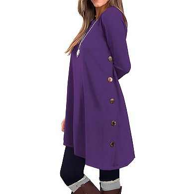 Casual Button Side Round Neck Long Sleeve