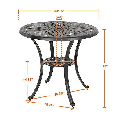 Outdoor 31'' Round Cast Aluminum Bistro Table with 2'' Umbrella Hole, Black with Gold-painted Edge