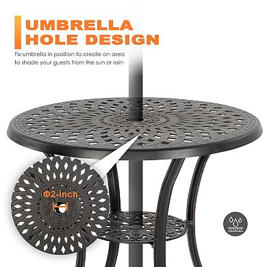 Outdoor 31'' Round Cast Aluminum Bistro Table with 2'' Umbrella Hole, Black with Gold-painted Edge