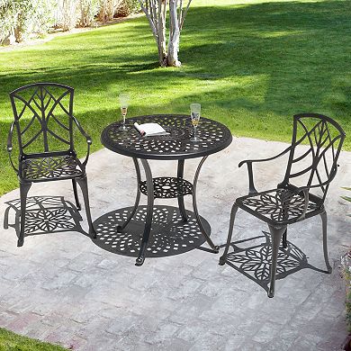 Outdoor 31'' Round Cast Aluminum Bistro Table with 2'' Umbrella Hole, Black with Gold-painted Edge