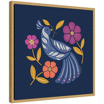 Sylvie Boho Folk Art Bird Blue and Gold Framed Canvas by Carey Copeland