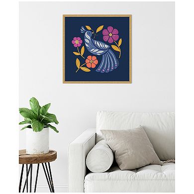 Sylvie Boho Folk Art Bird Blue and Gold Framed Canvas by Carey Copeland
